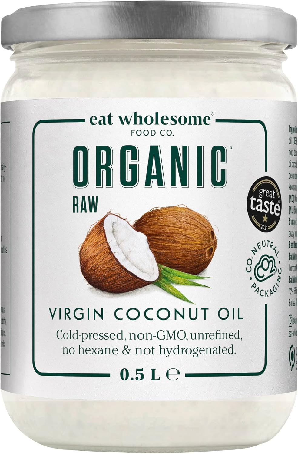 Organic Virgin Coconut Oil, 500Ml - Raw, Cold Pressed, Award-Winning, Glass Jar in Box, for Cooking, Baking, Skincare & Hair, Vegan