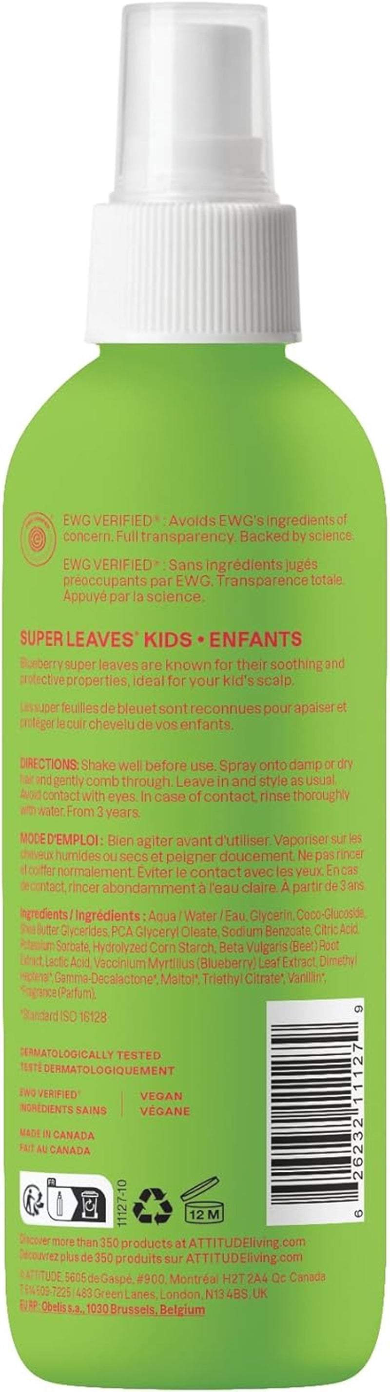 Rinse-Free Hair Detangler Spray for Kids, EWG Verified Leave in Product, Plant- and Mineral-Based Ingredients, Vegan, Watermelon and Coco, 240 Ml