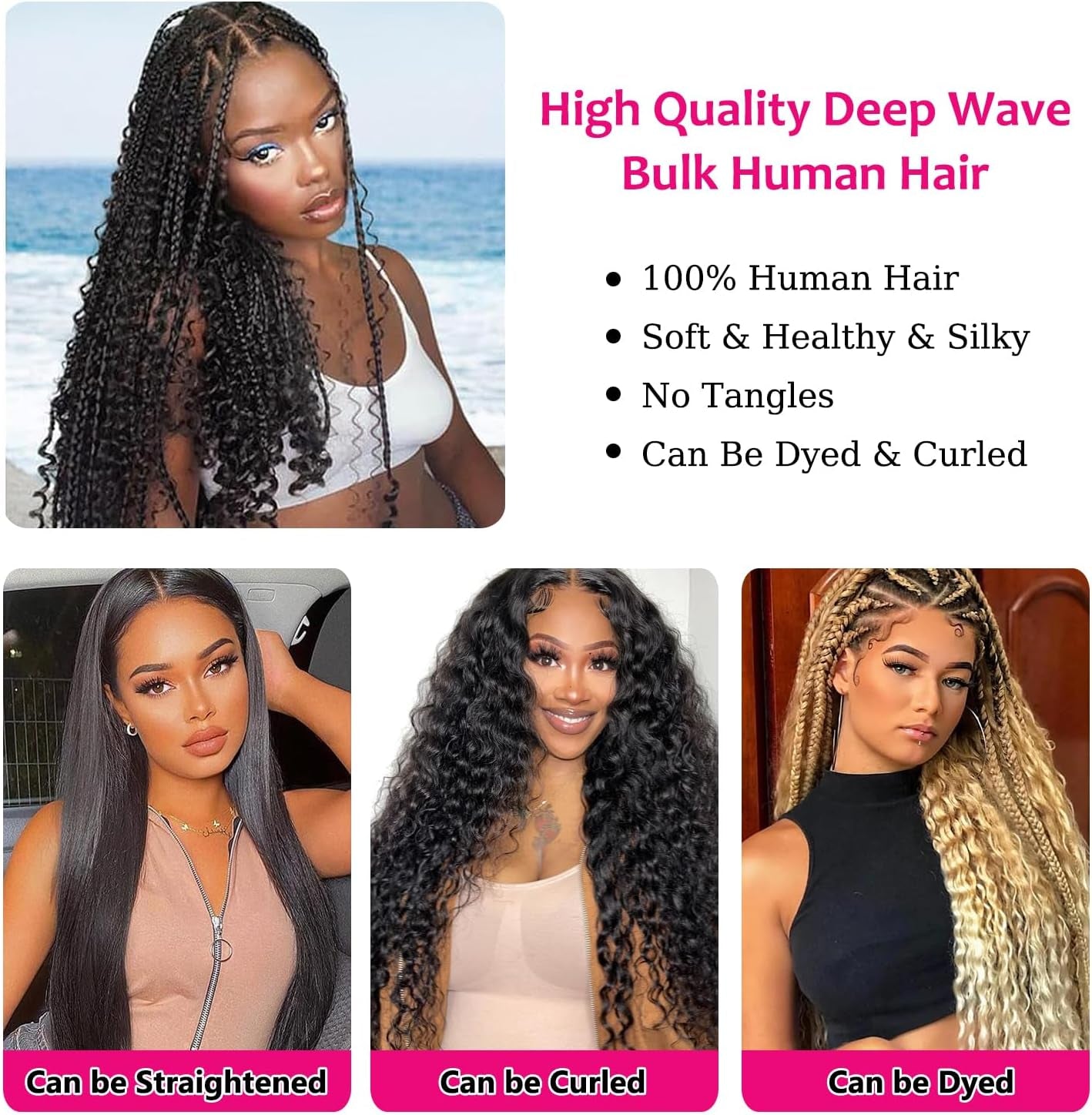 Water Wave Bulk Human Hair for Boho Braids Deep Wave Human Braiding Hair for Micro Braid 100% No Weft Brazilian Virgin Curly Human Hair Extensions for Boho Braids