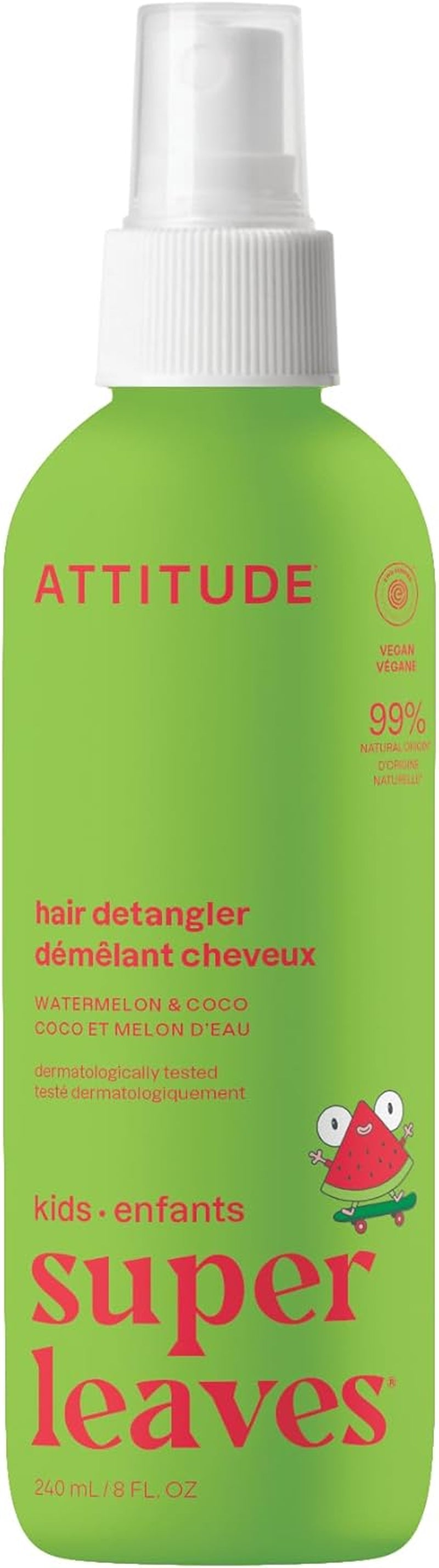Rinse-Free Hair Detangler Spray for Kids, EWG Verified Leave in Product, Plant- and Mineral-Based Ingredients, Vegan, Watermelon and Coco, 240 Ml